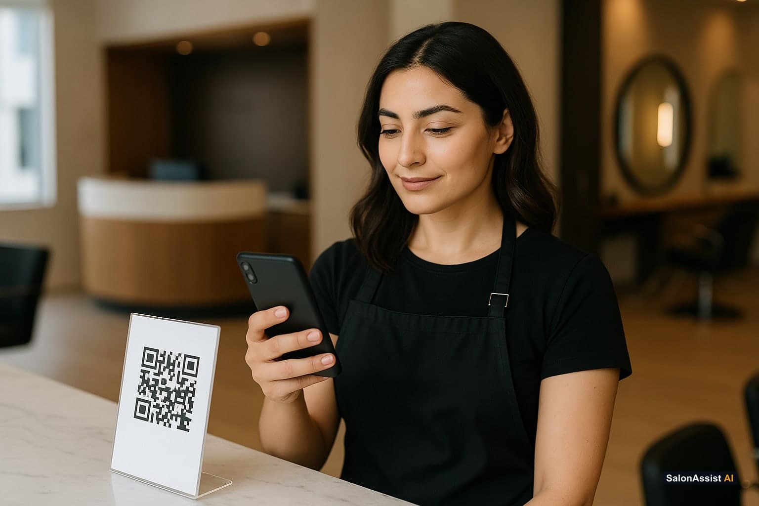 A stylist using a smartphone to scan a QR code for check-in at their assigned salon branch