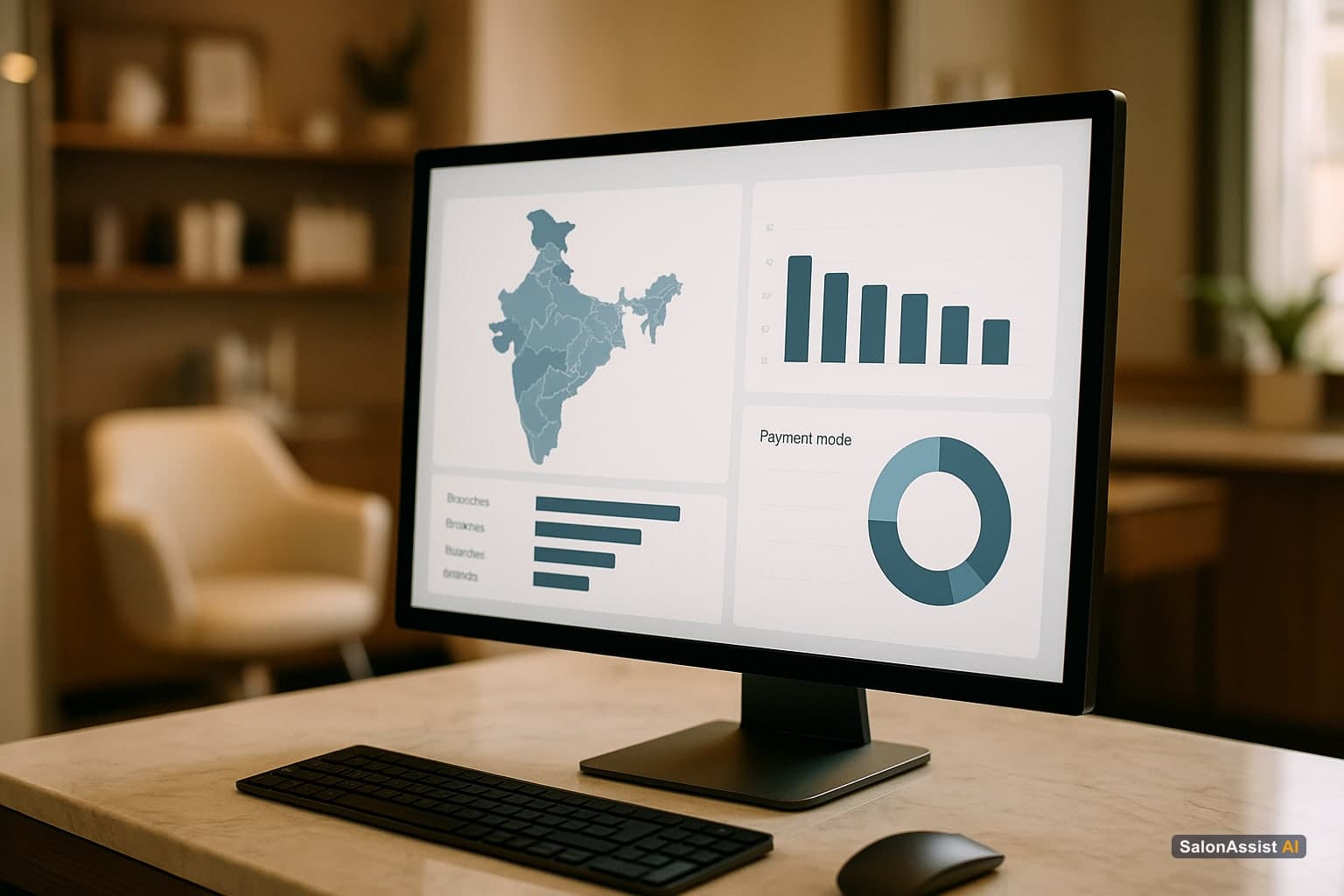 SalonAssist AI dashboard with branch revenue and payment mode analytics
