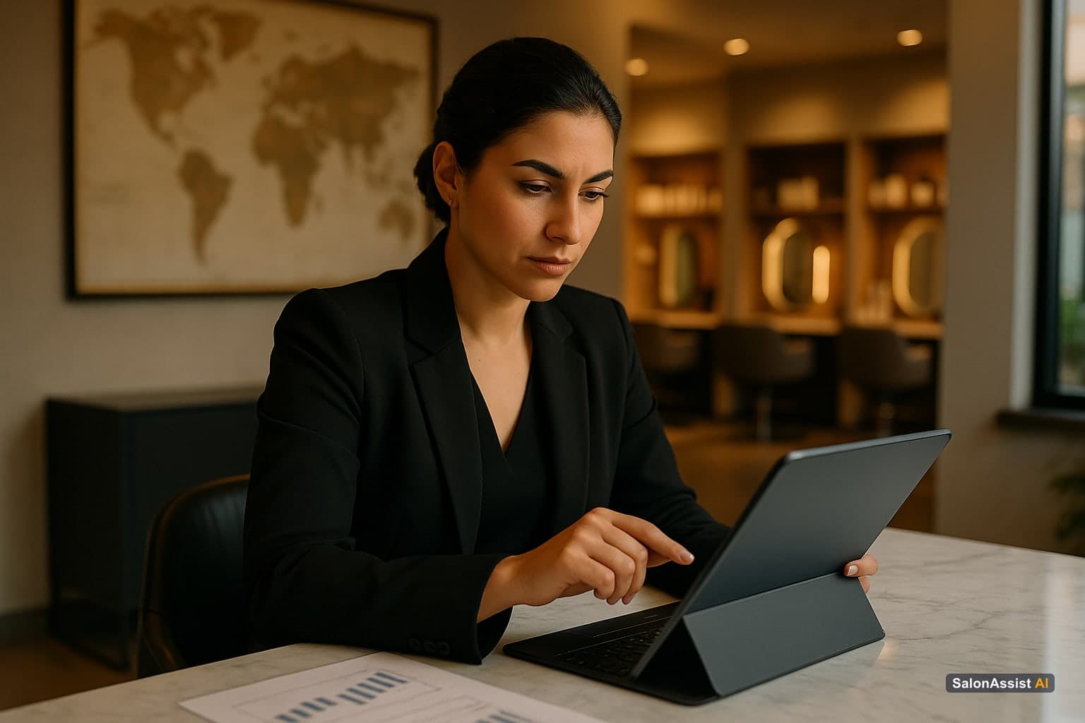 Salon manager reviewing multi-branch revenue tracking software