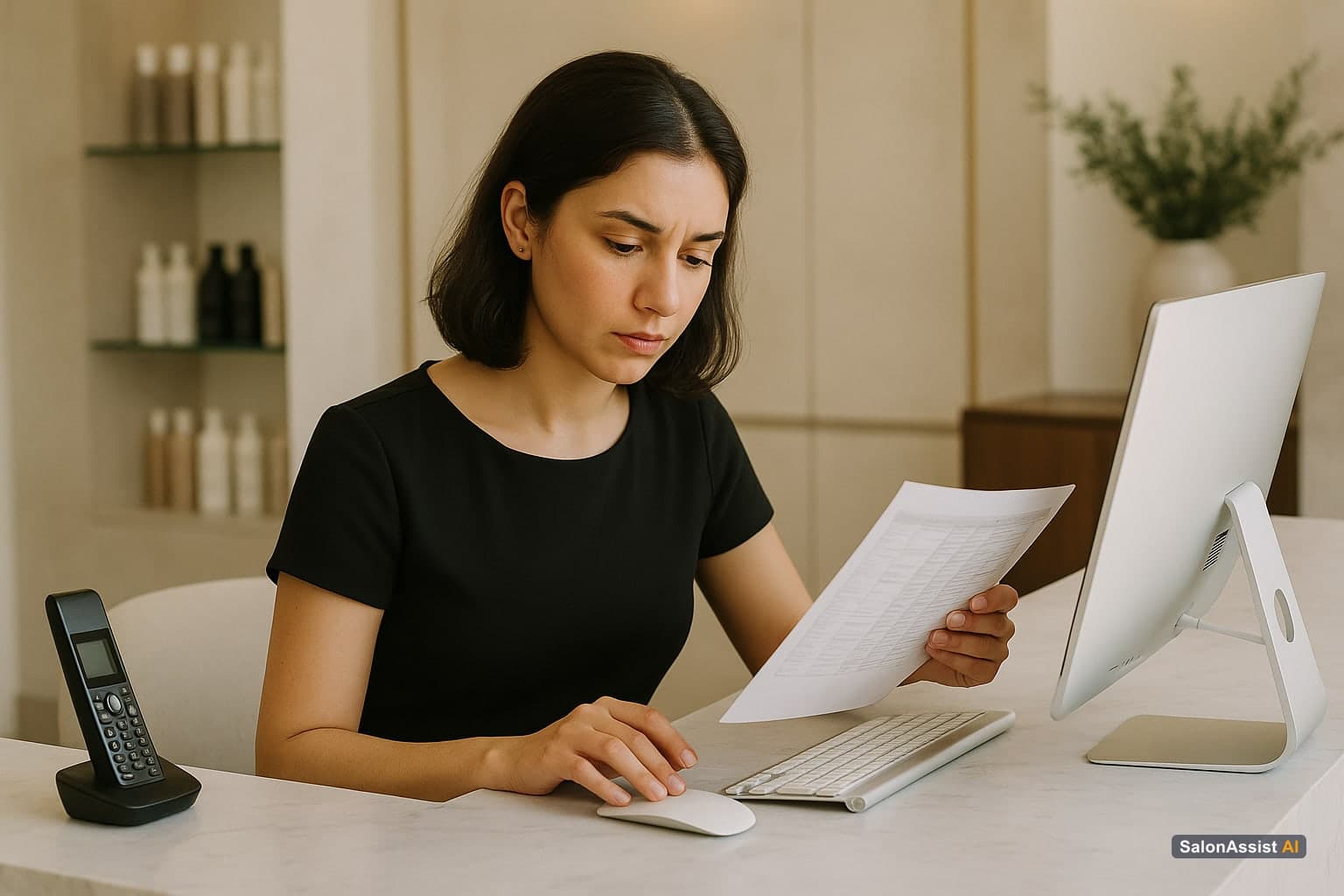 Salon receptionist concentrating on a computer screen showing multiple stylist schedules for a multi-service booking