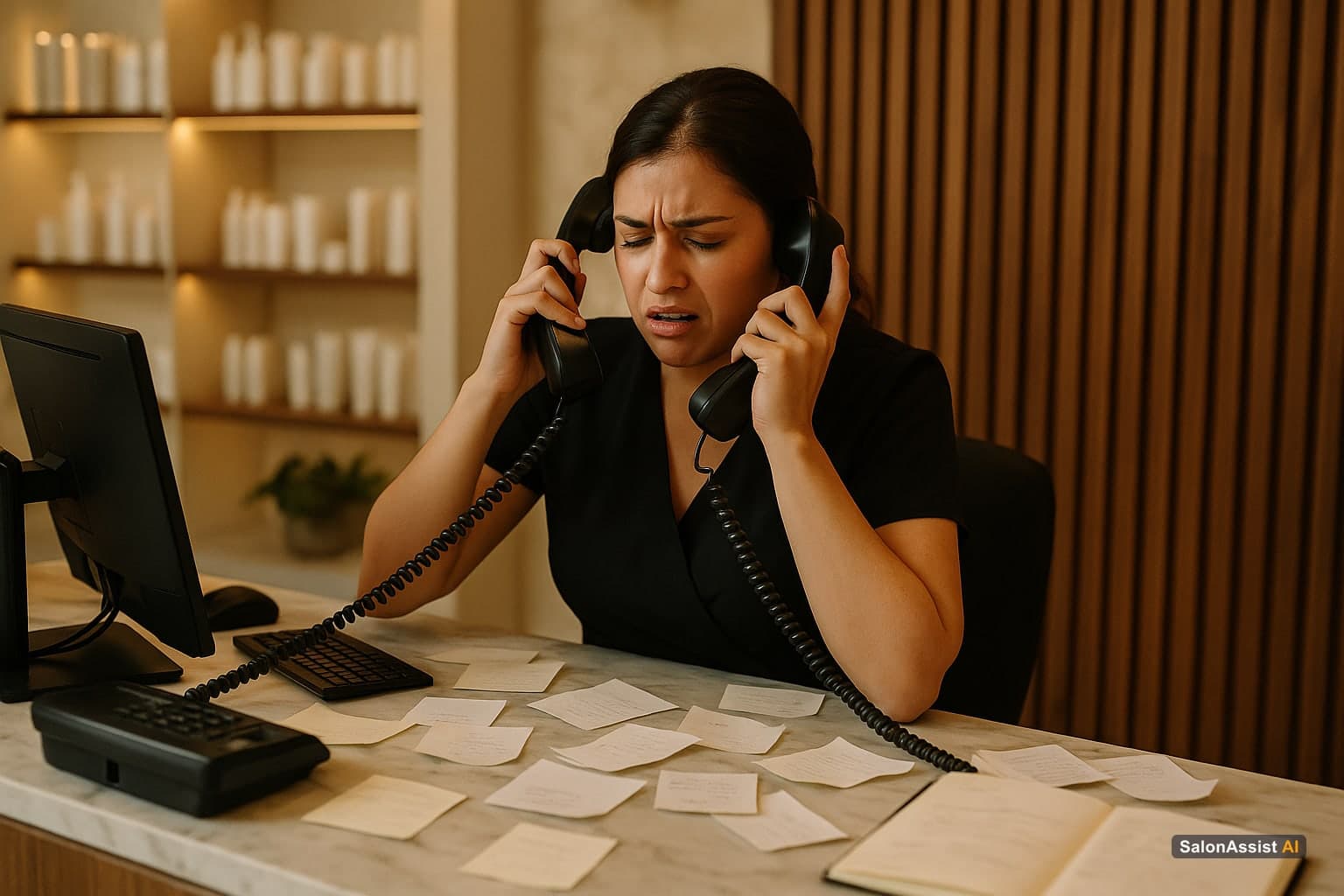 Salon front desk staff looking stressed with multiple phones ringing and appointment notes scattered