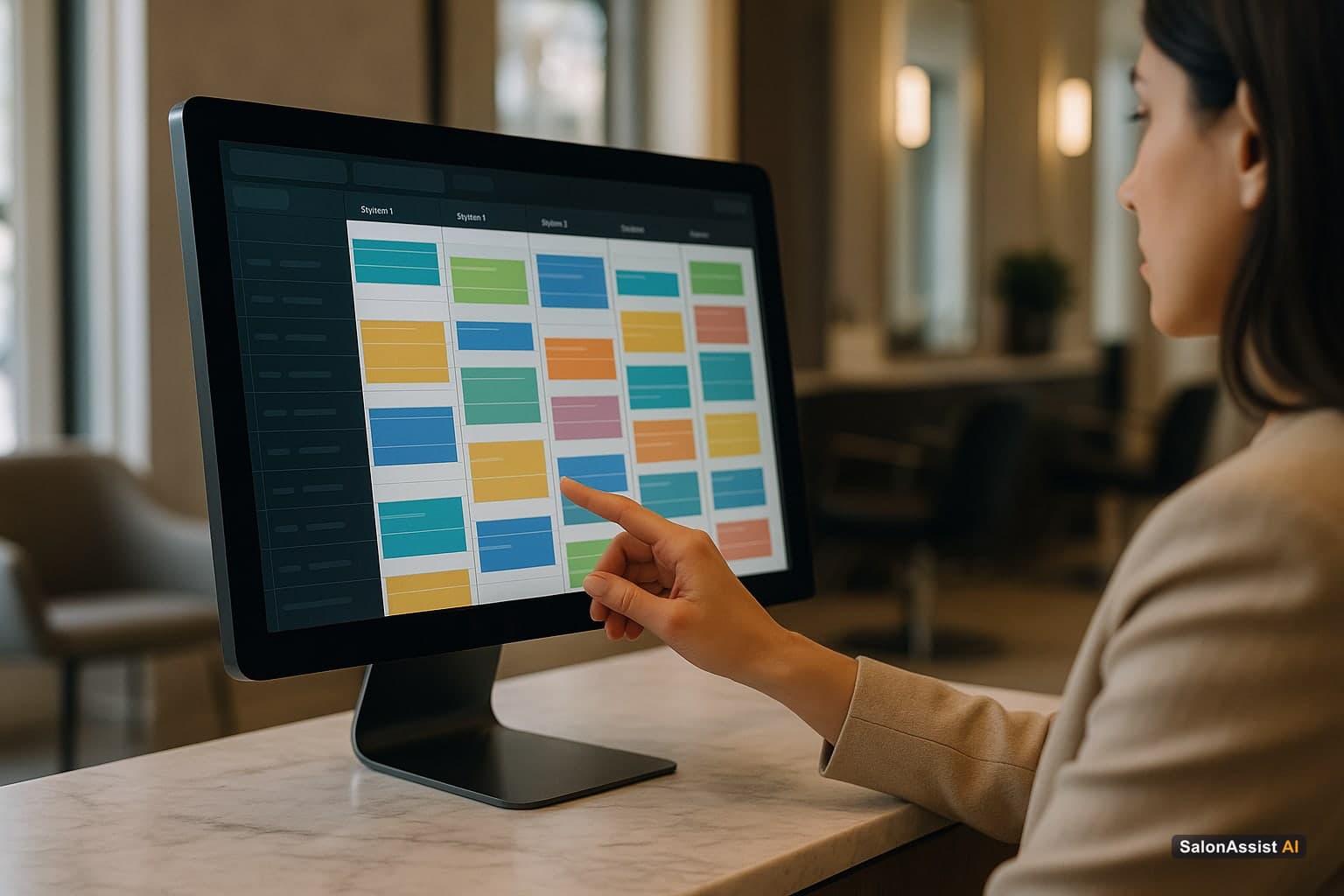 Close-up of a computer screen showing SalonAssist AI software managing multiple stylist schedules and services in real time