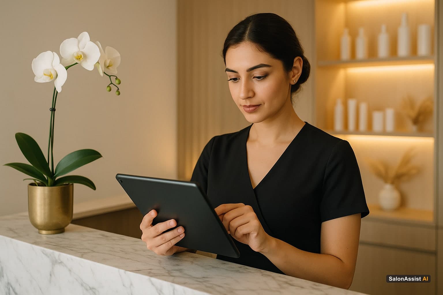 Salon receptionist interacting with a tablet displaying salon billing software interface