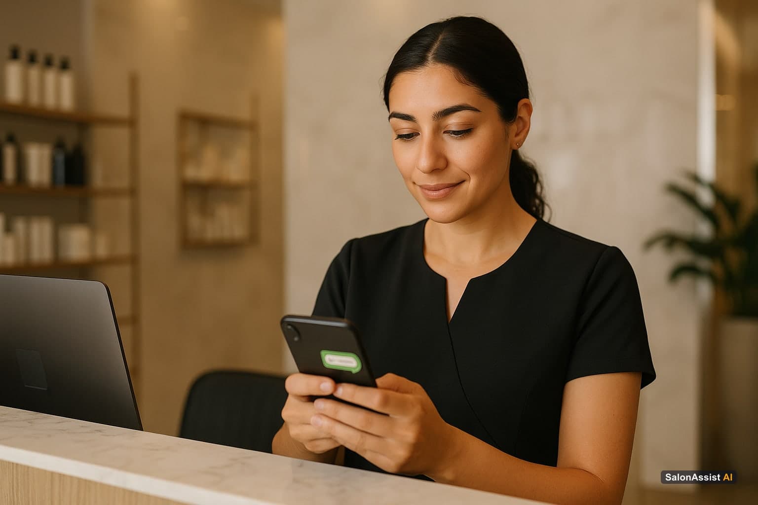 Salon receptionist sending a WhatsApp appointment confirmation message on a smartphone