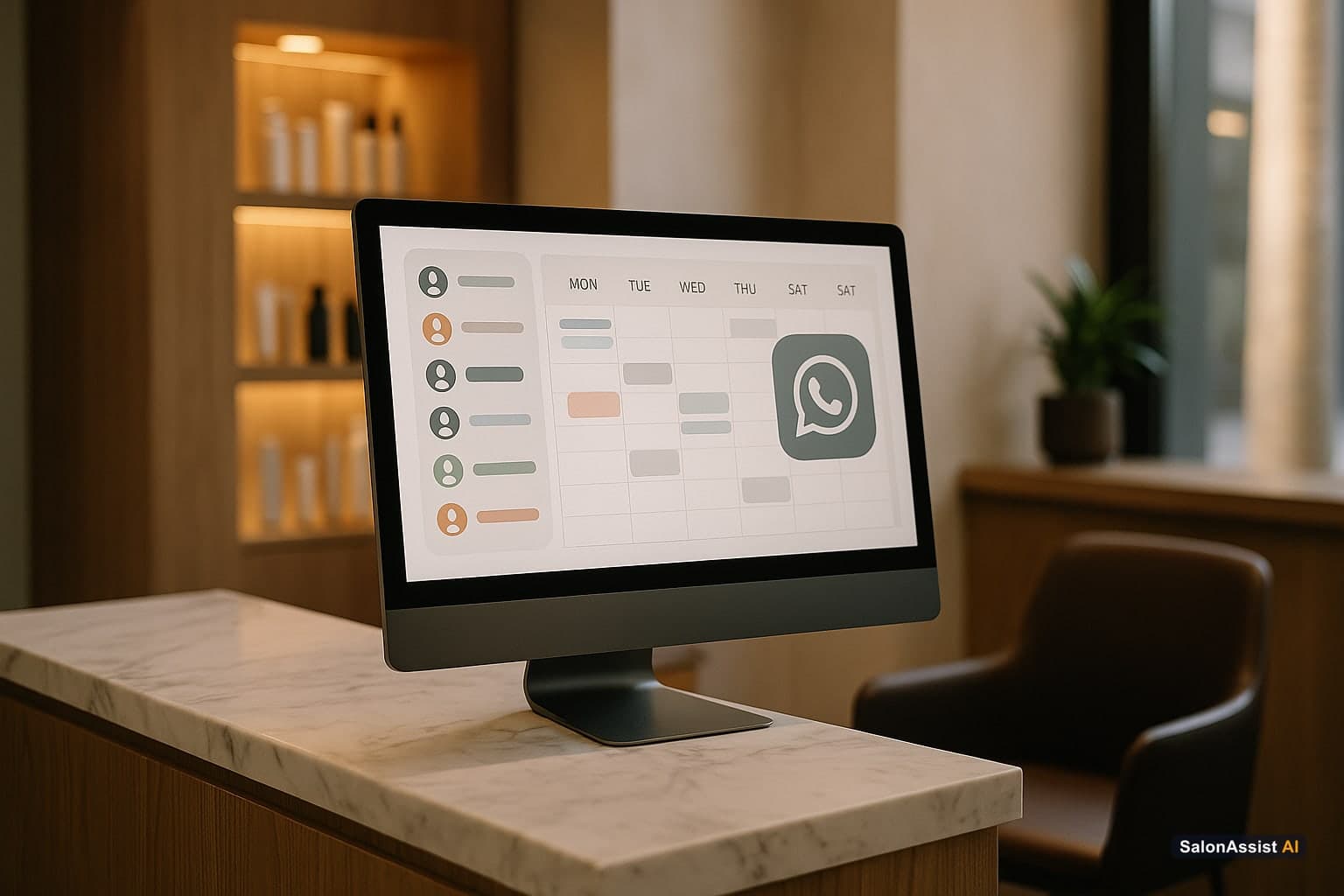 Computer screen showing SalonAssist AI dashboard with appointment scheduling and WhatsApp reminder options