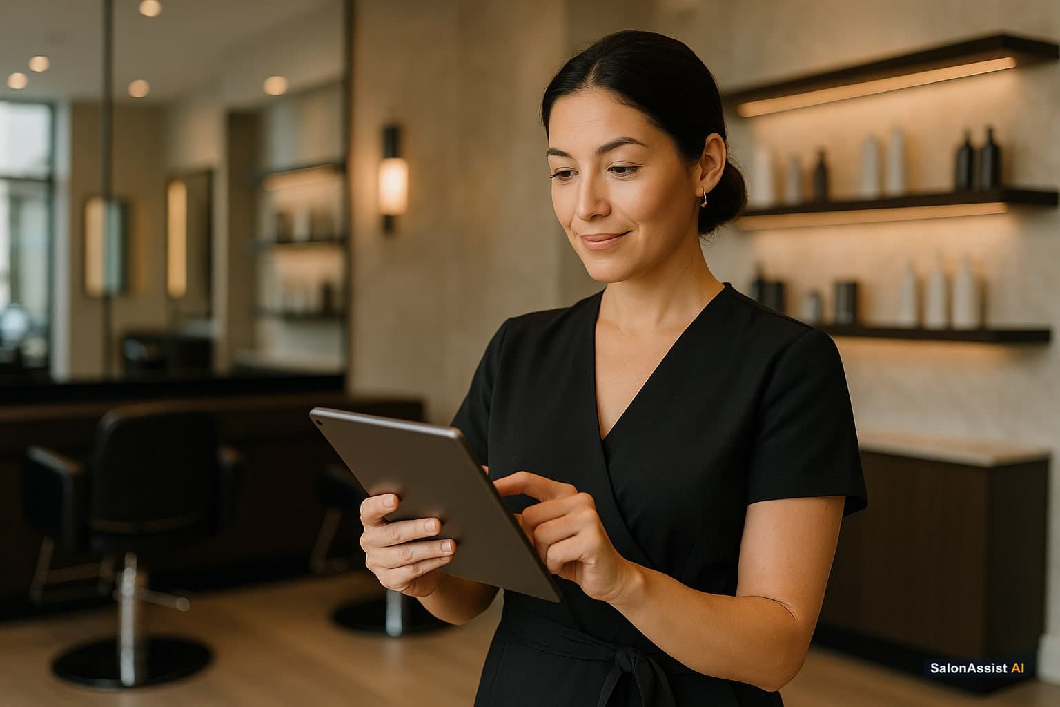 Salon owner using a tablet to manage digital coupons and wallet offers