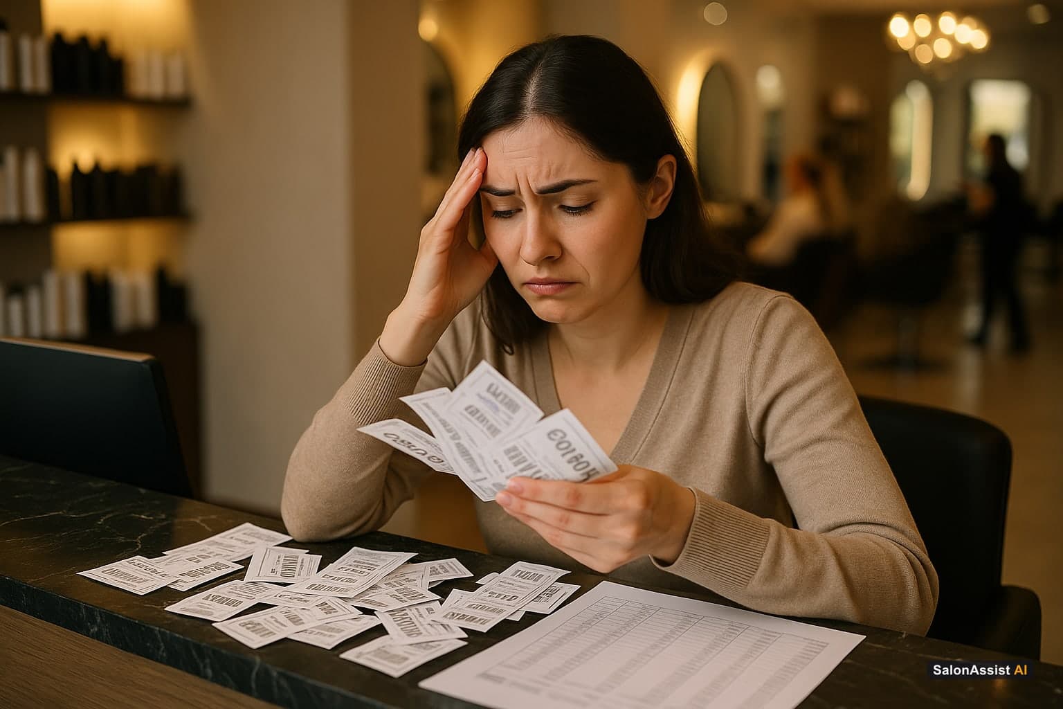 Salon employee looking stressed while managing paper coupons and spreadsheets