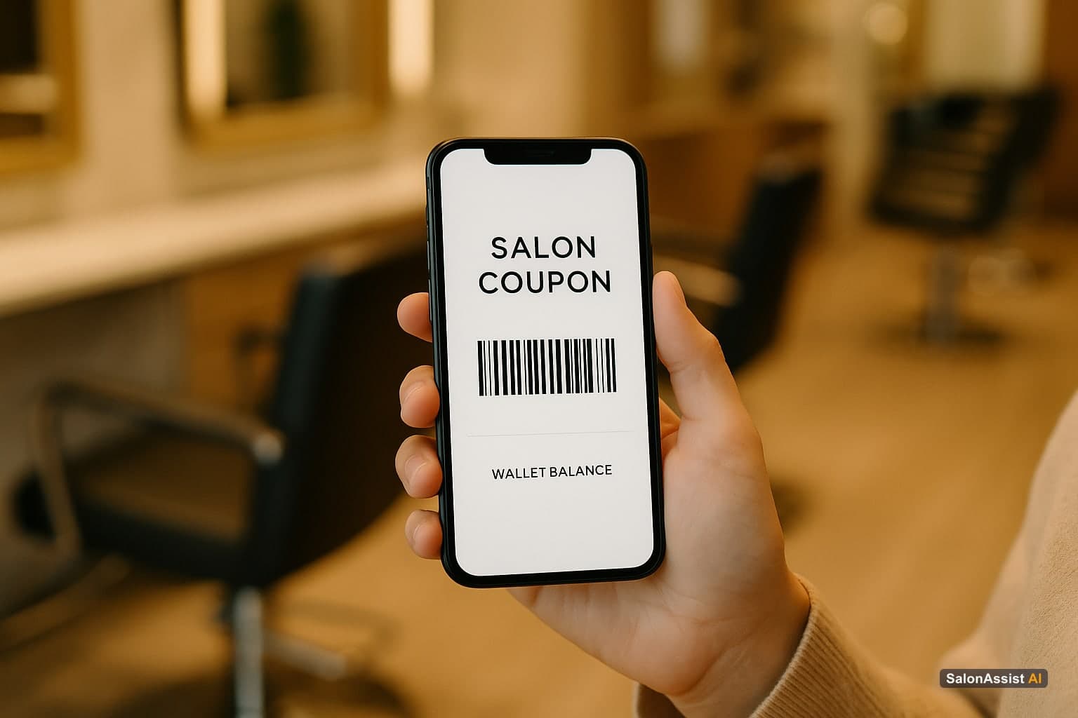 Smartphone showing a salon coupon code and wallet membership balance