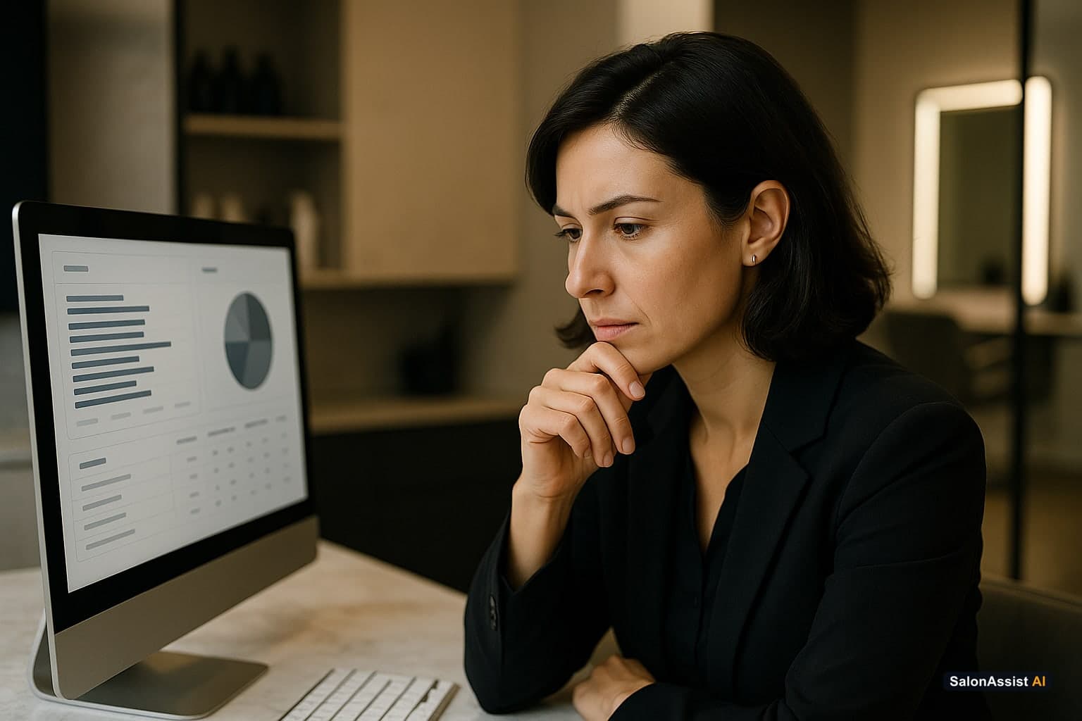 Salon manager studying a computer screen showing client visit history linked to stylist performance