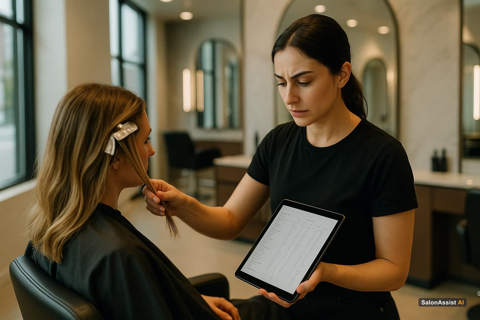 Hairstylist viewing client preferences and formula notes on a tablet while working
