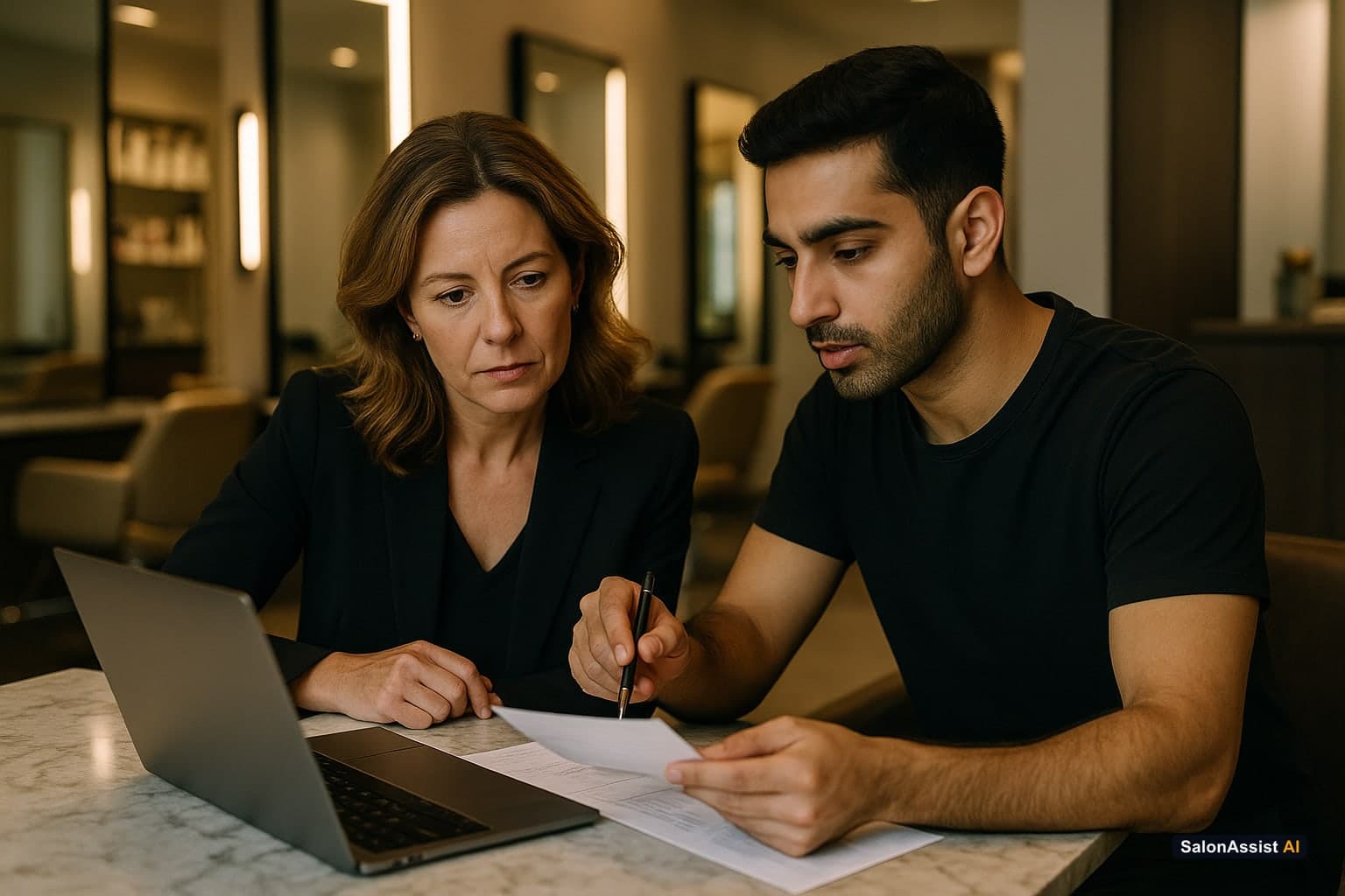 Salon owner and employee reviewing client rebooking data to optimize staff schedules