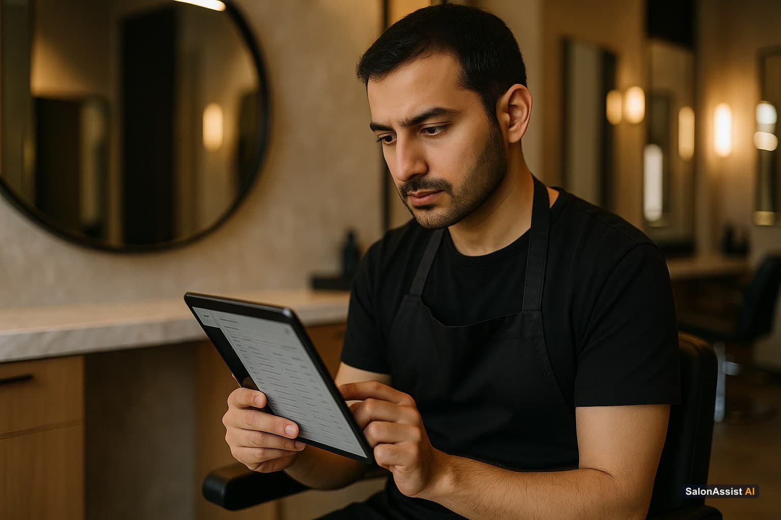 Salon stylist viewing a client profile with visit history and service notes on a tablet