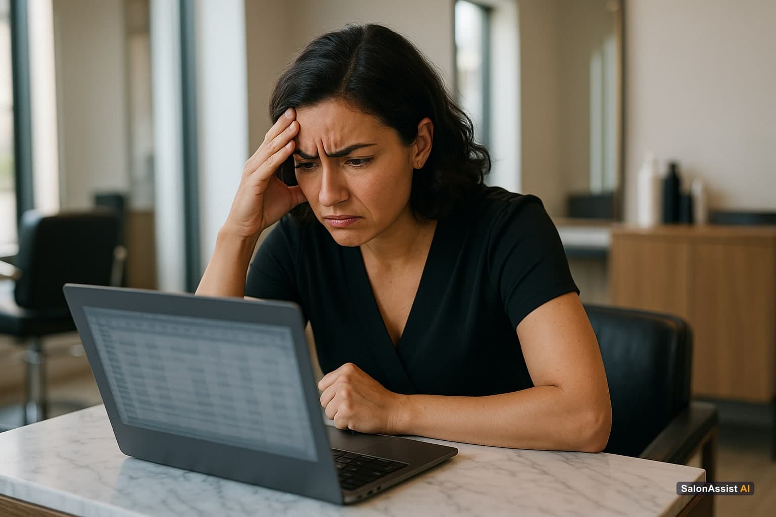 Salon manager frustrated by disorganized client data in a spreadsheet on a laptop