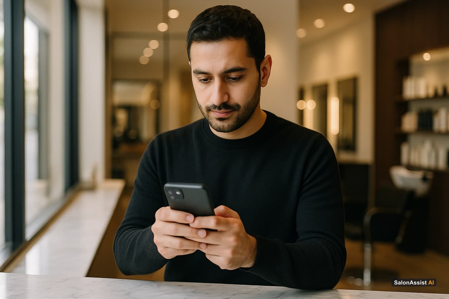 Salon owner sending a personalized appointment confirmation via WhatsApp on a smartphone
