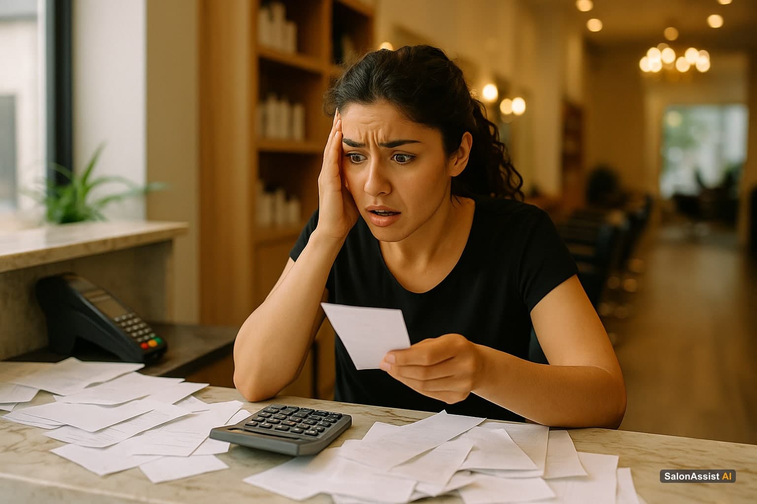 Salon receptionist looking stressed while managing payments and paperwork at a busy checkout desk