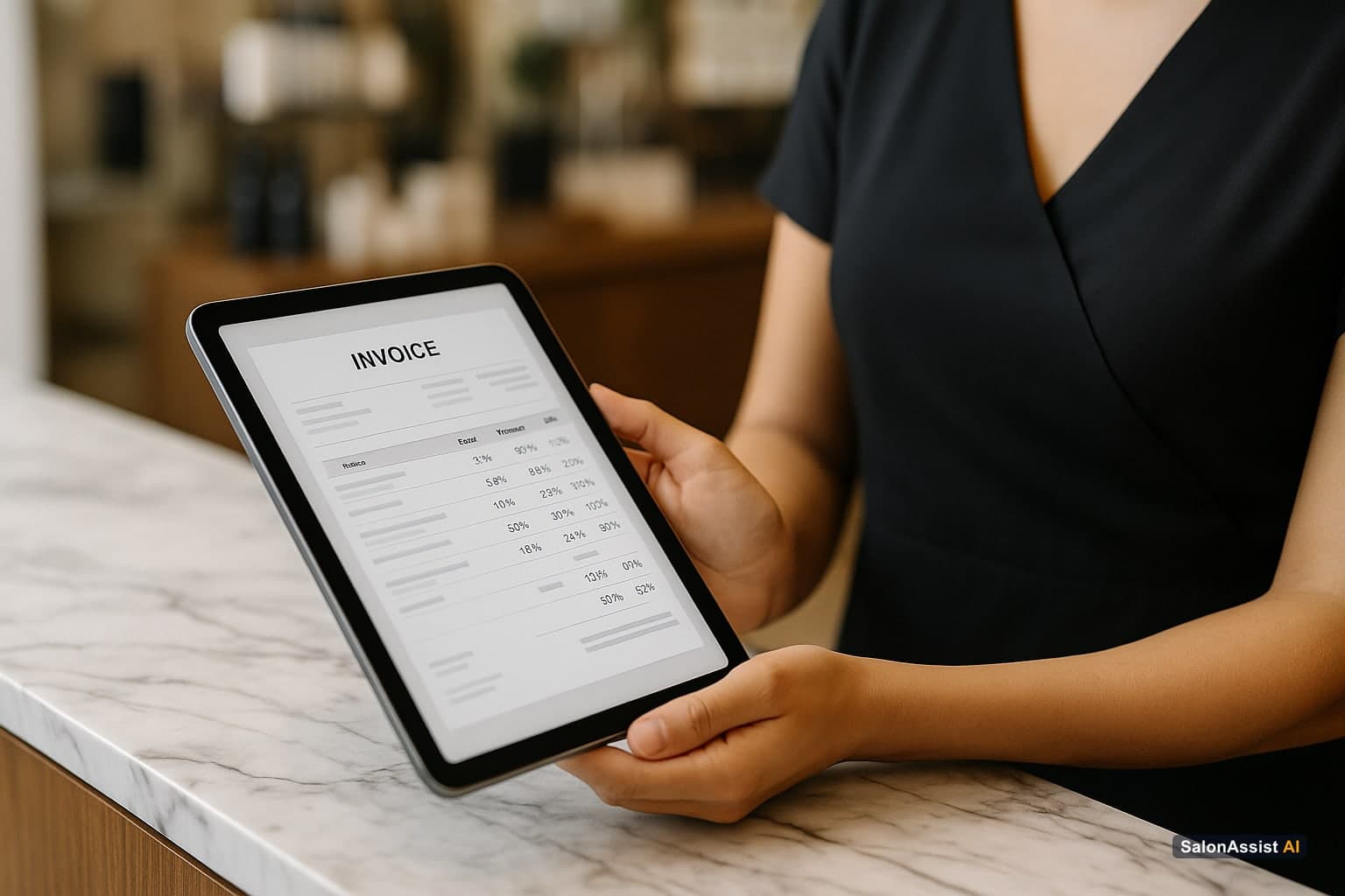 Tablet screen showing a salon invoice software automatically applying multiple discounts and generating an invoice
