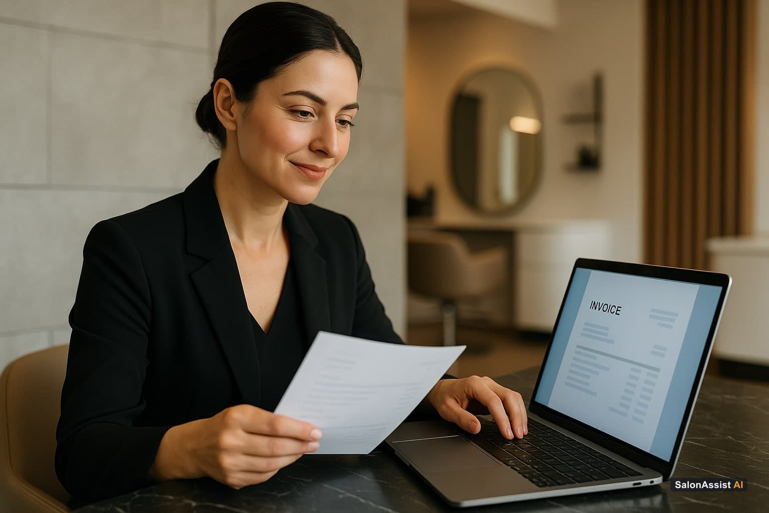 Salon owner reviewing a professional PDF invoice on a laptop, showing clear line items and discounts