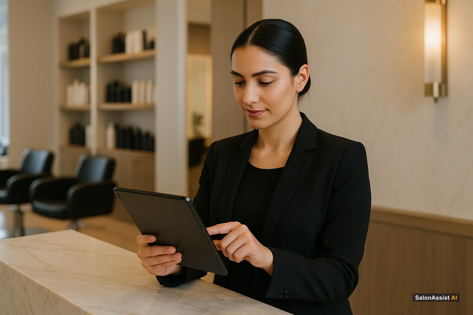 Salon receptionist interacting with a tablet showing a digital loyalty points dashboard