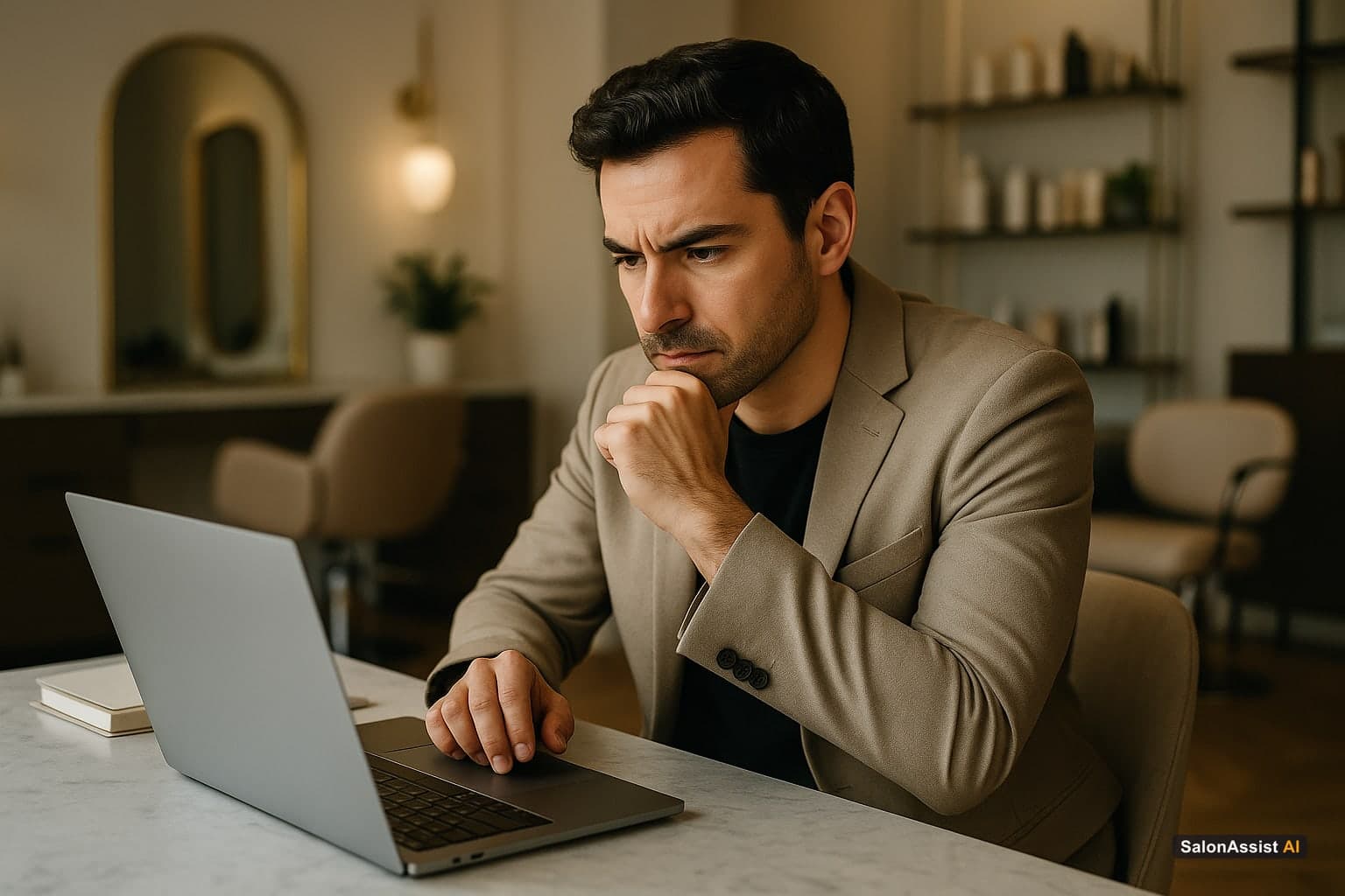 Salon owner analyzing client retention data on a laptop screen