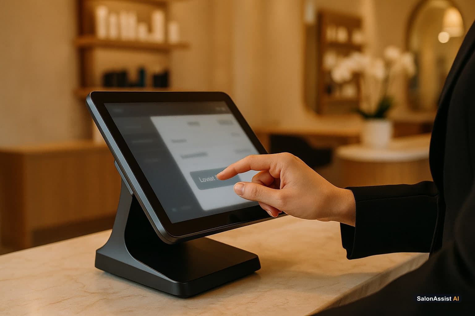 Point-of-sale screen displaying combined billing and loyalty reward redemption in a salon