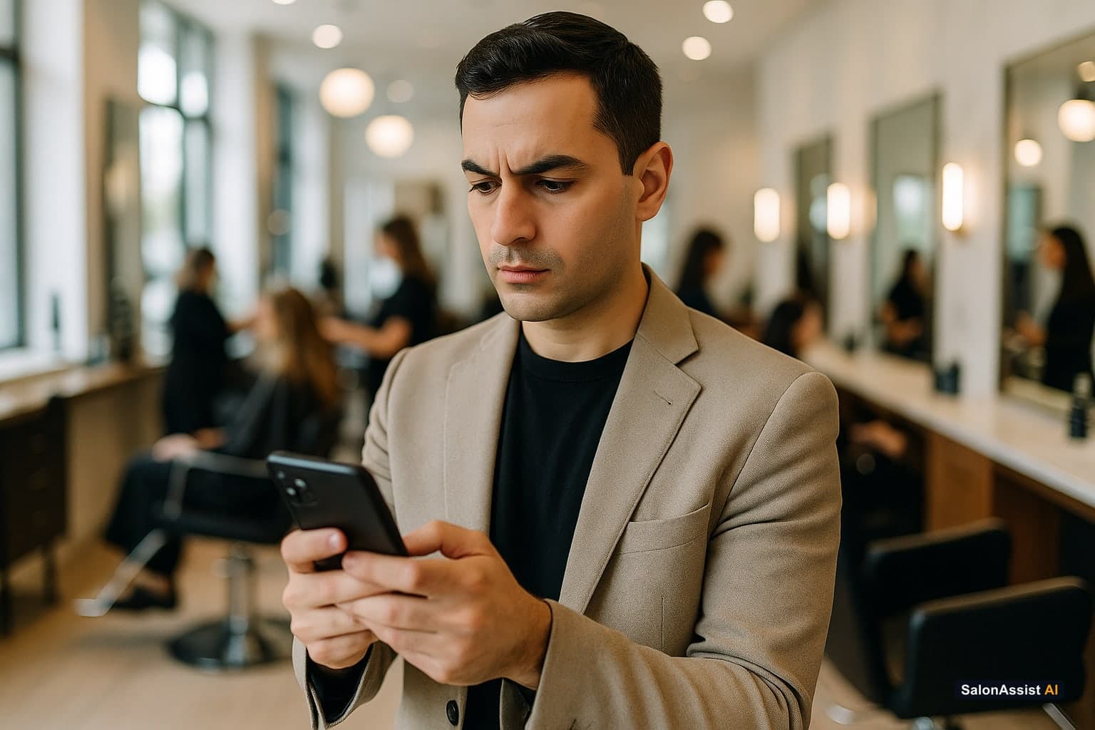 Salon manager using a smartphone to view the live schedule while standing on the salon floor