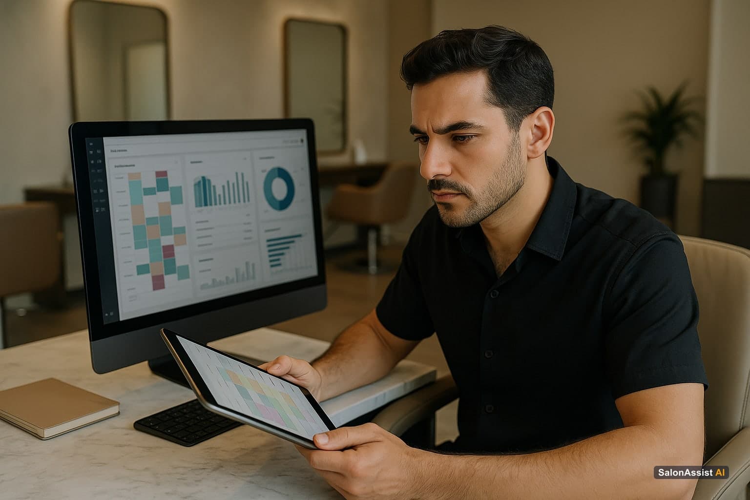 Salon owner comparing live schedule on tablet with deeper analytics on desktop in the salon office