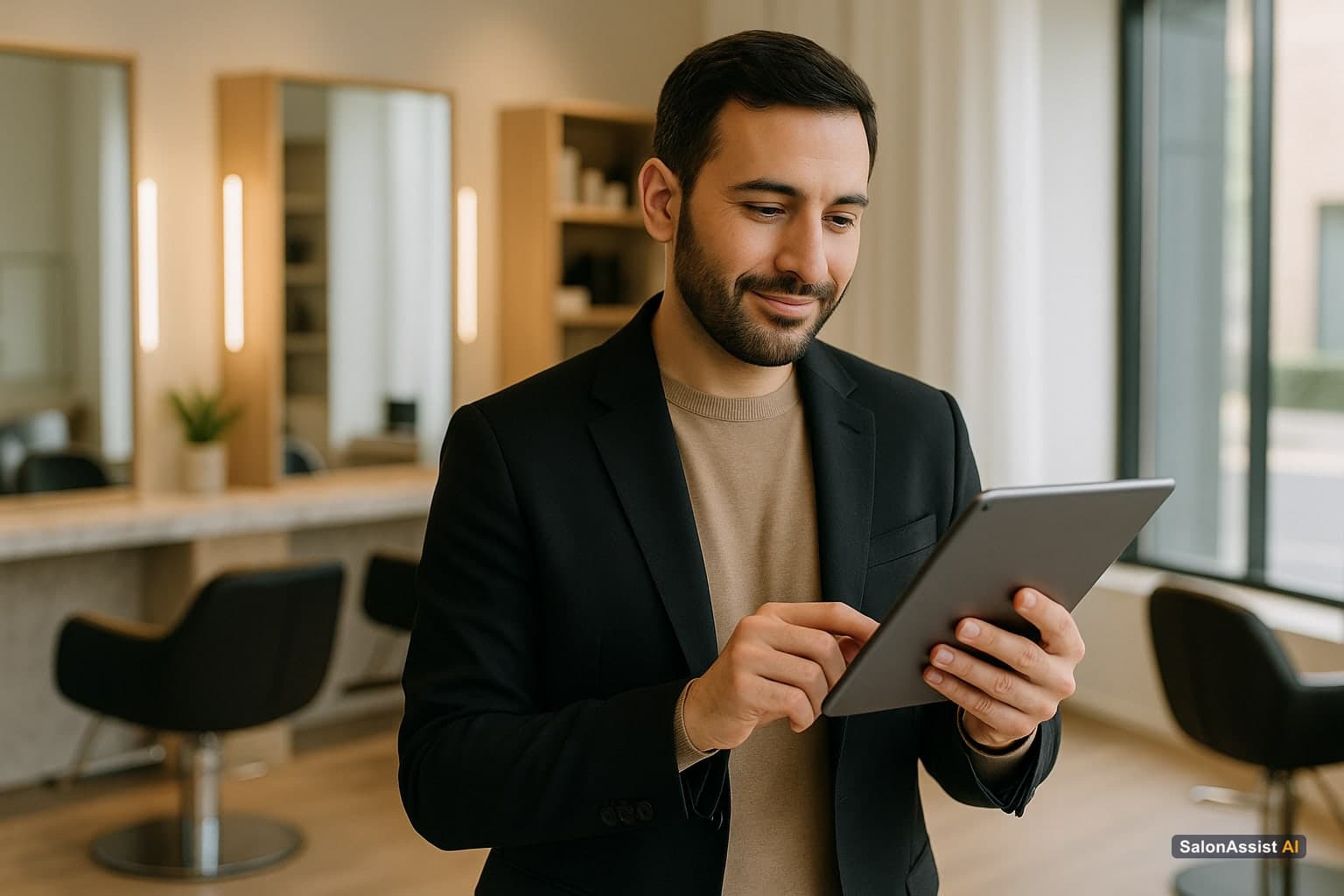 Salon owner viewing appointment scheduling, client management, and staff reports on a tablet screen