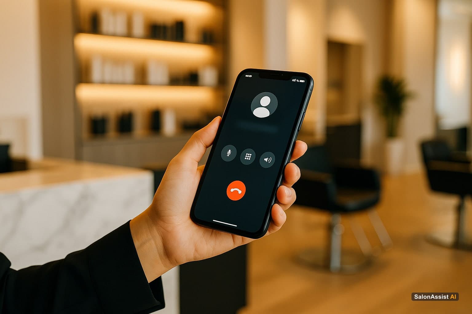 Smartphone screen showing an AI receptionist app taking a live salon booking call