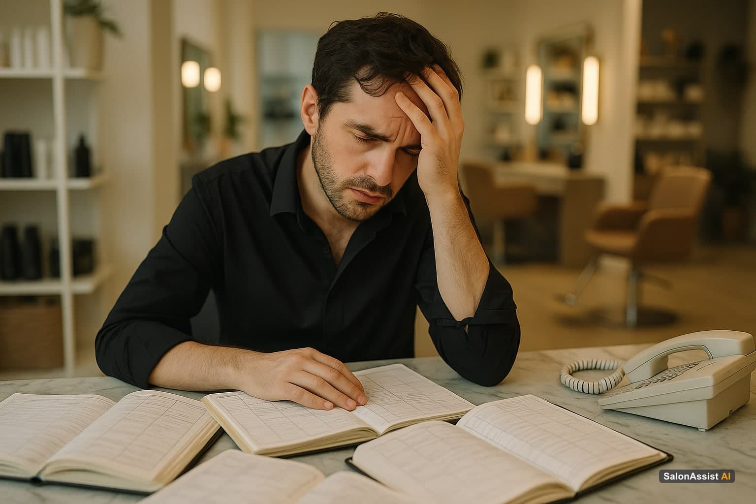 Salon manager overwhelmed by manual scheduling with paper books and multiple phone calls