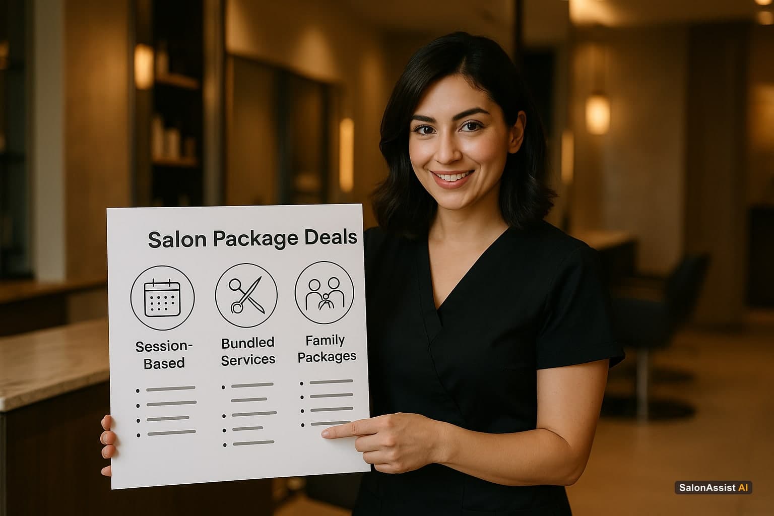 Salon stylist showing a chart illustrating session-based, bundled, and family package deals