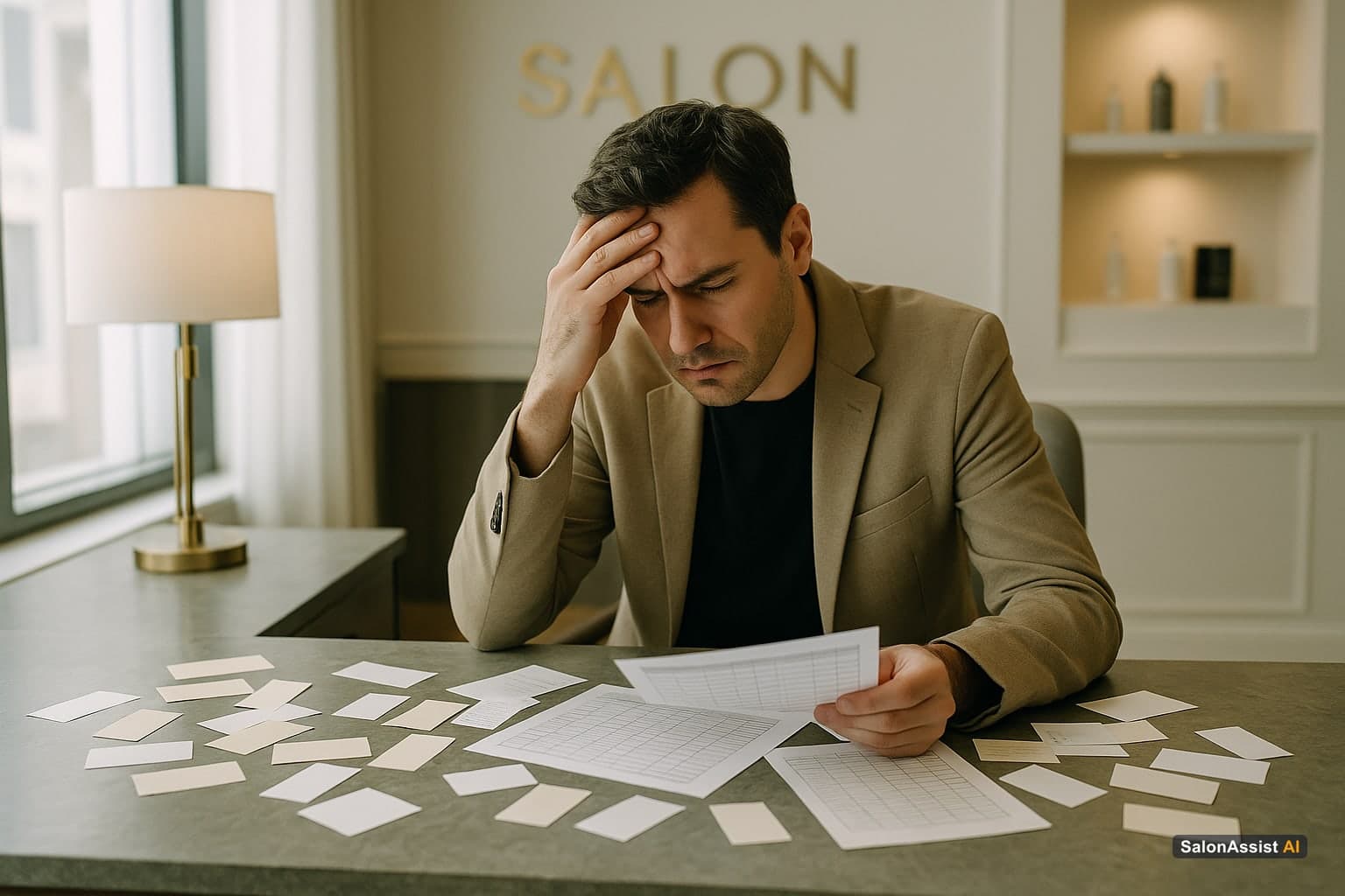 Salon manager looking stressed while managing papers and spreadsheets for package deals