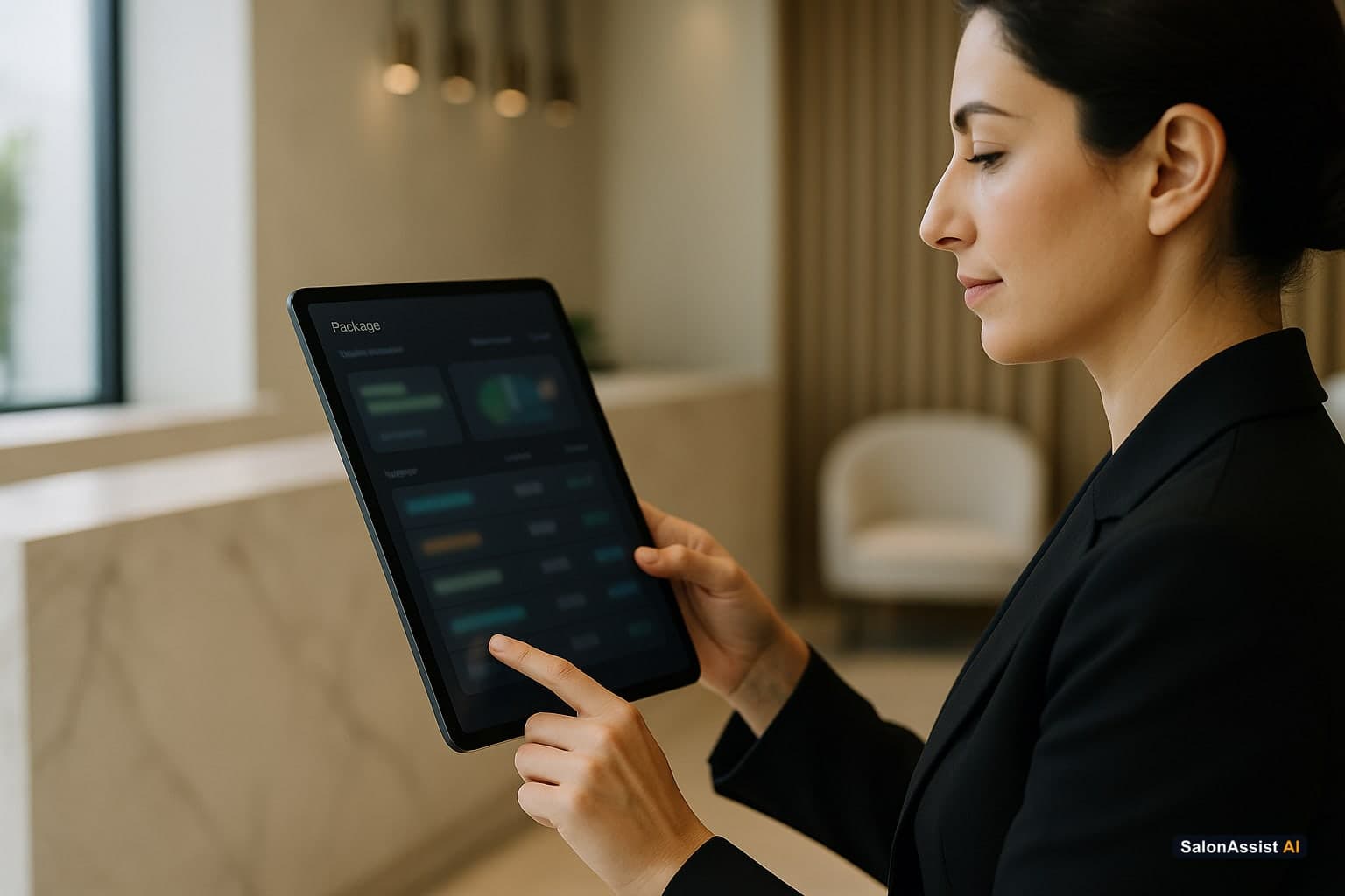 Tablet screen showing SalonAssist AI software dashboard tracking salon package deals