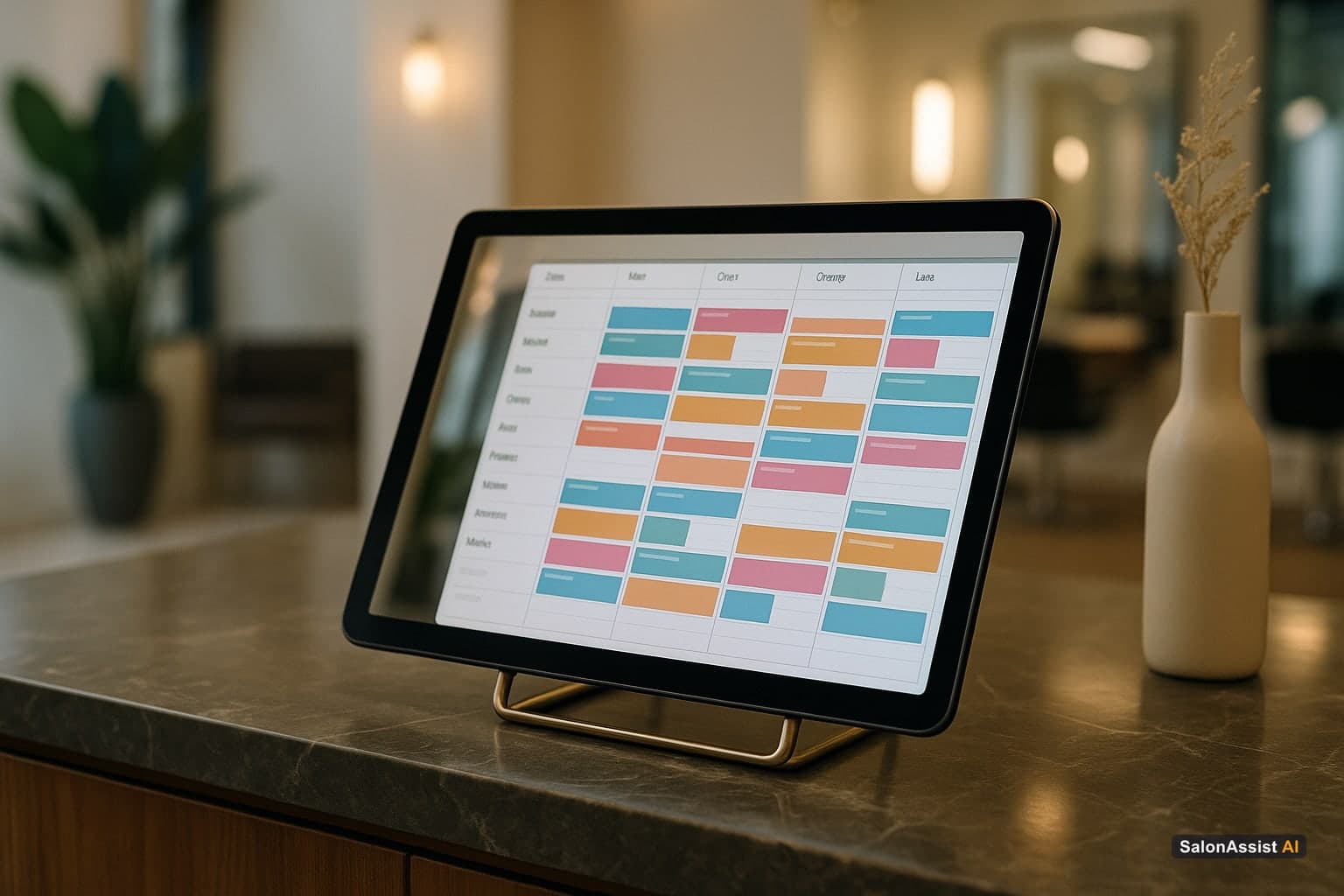 Digital appointment calendar showing multi-service bookings and staff assignments