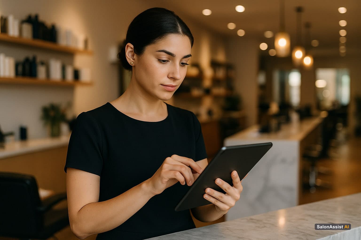 Salon receptionist efficiently managing bookings on a tablet using a salon portal