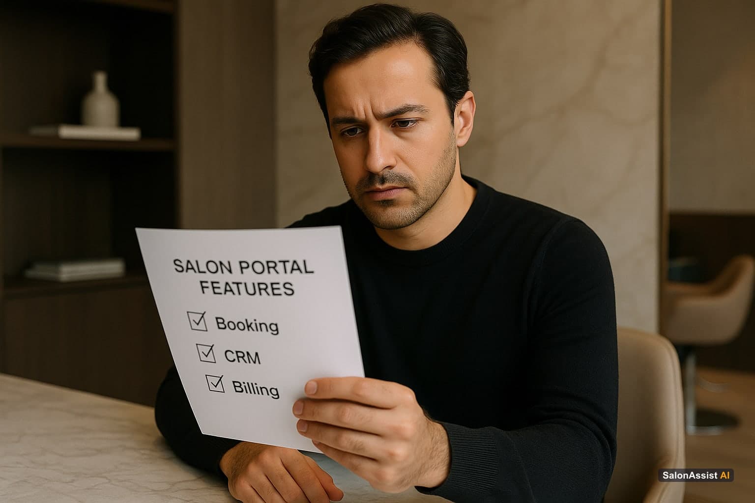 Salon owner reviewing a checklist of salon portal features before choosing software