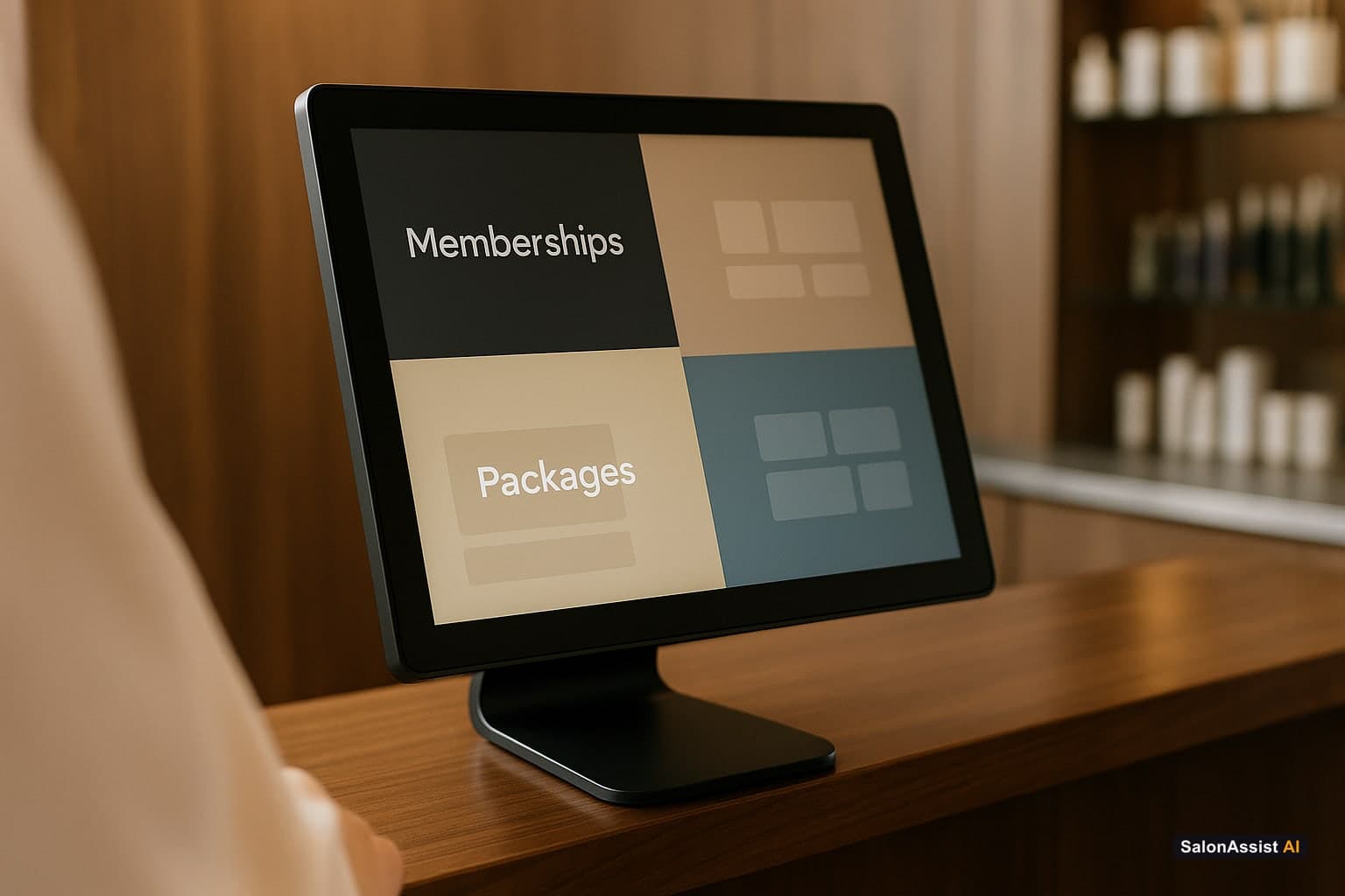 Salon POS screen divided into Memberships, Packages, and Retail sections highlighting different transaction types