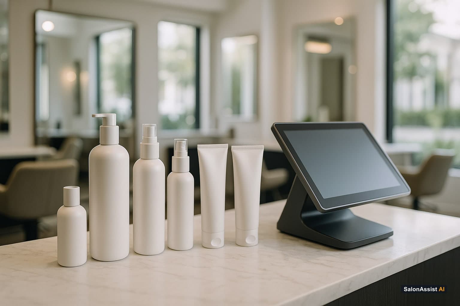 Salon retail products displayed alongside a POS screen tracking inventory and sales