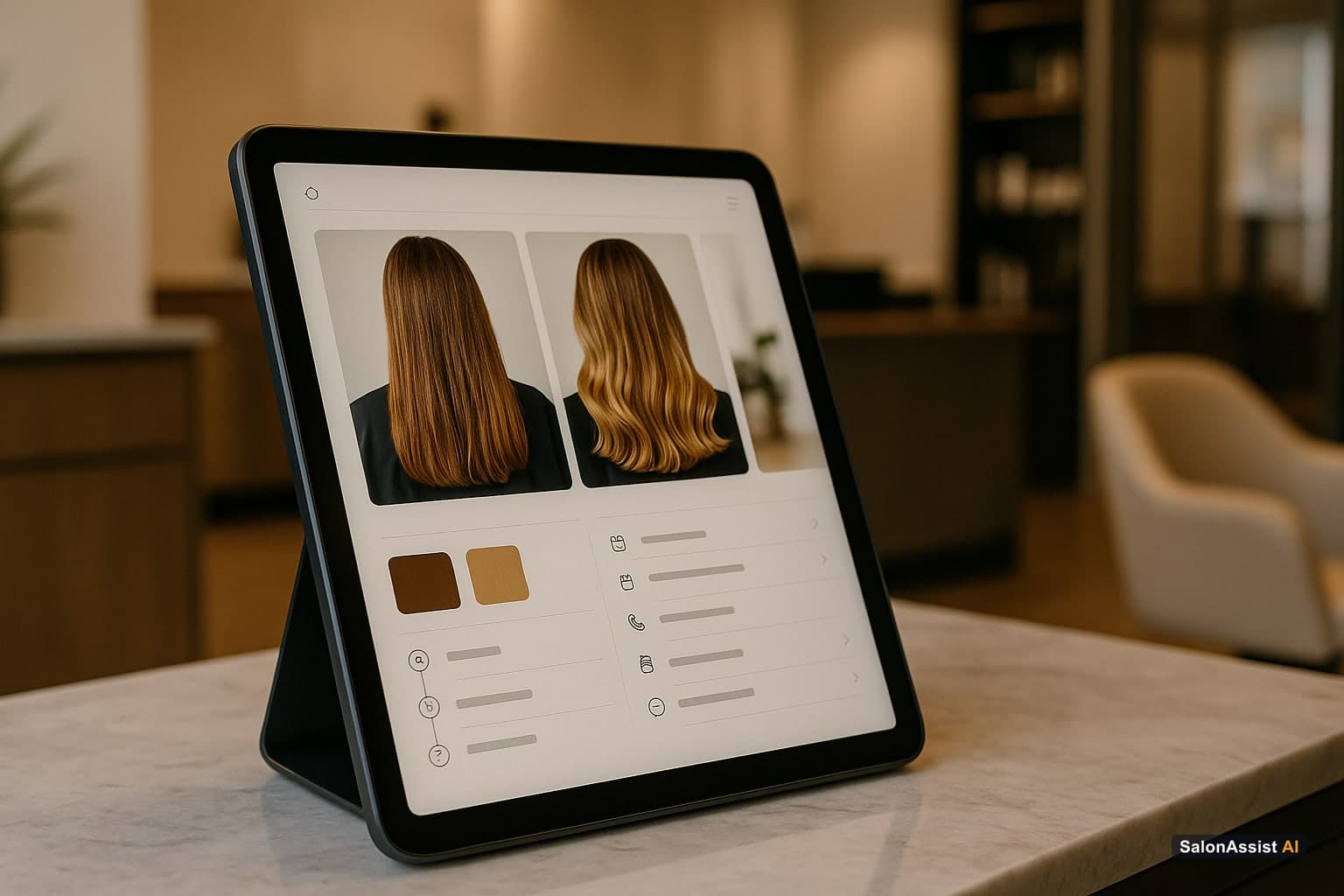 Salon POS screen showing a client profile with detailed visit history, color formulas, and before-and-after photos