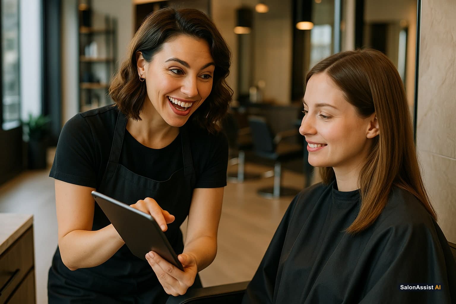 Stylist showing a client their personalized profile on a tablet, highlighting retention benefits