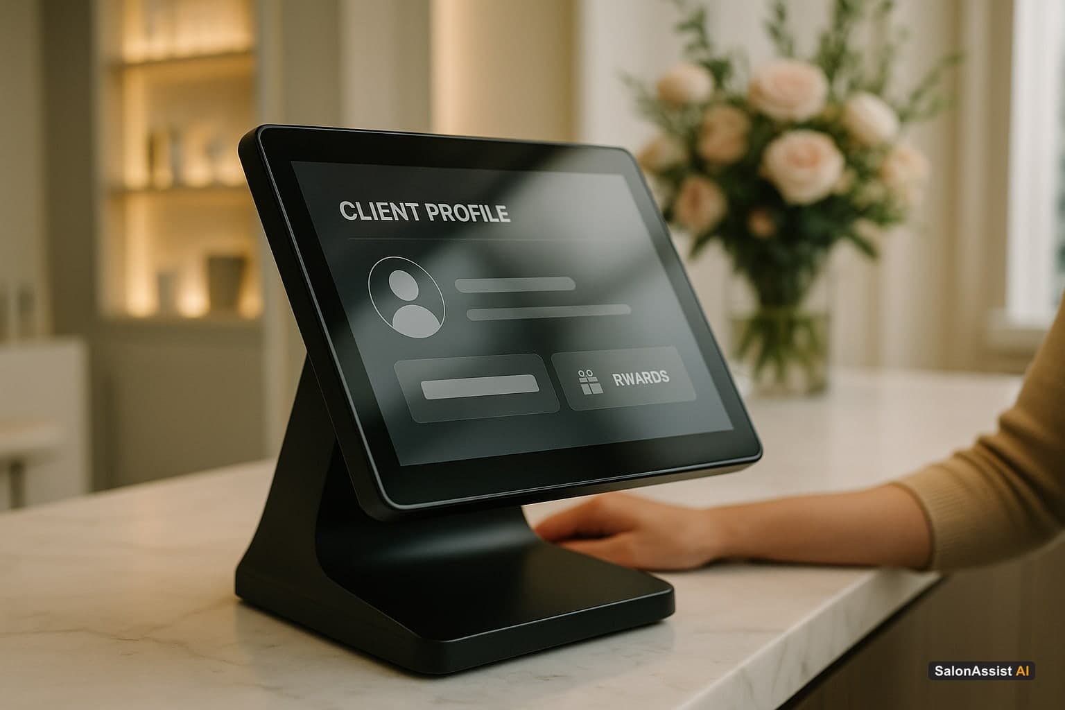Salon POS screen displaying a client’s loyalty points and rewards balance integrated with their profile