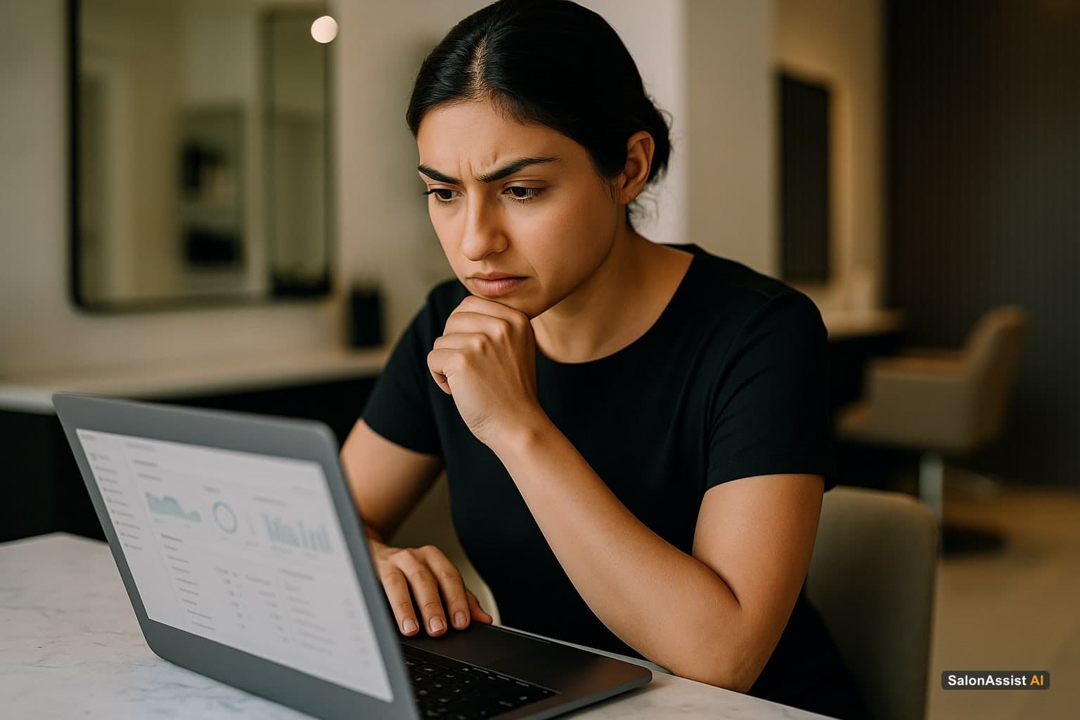 Salon manager intently examining software dashboards on a laptop screen