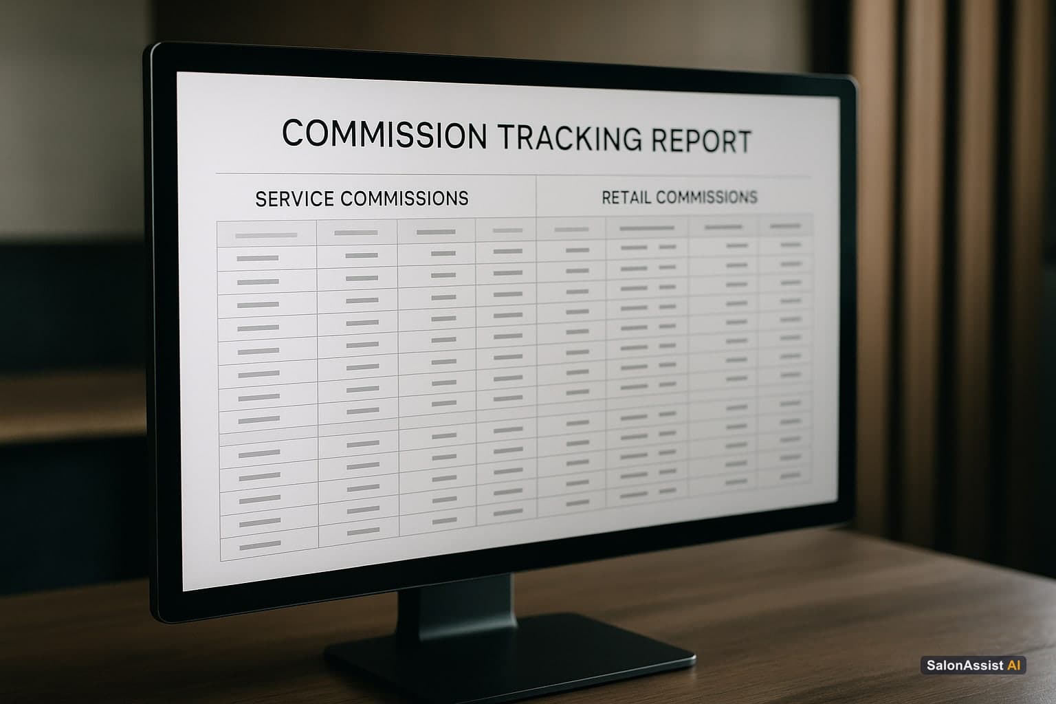 Close-up of a computer screen displaying a detailed commission tracking report with separate service and retail columns