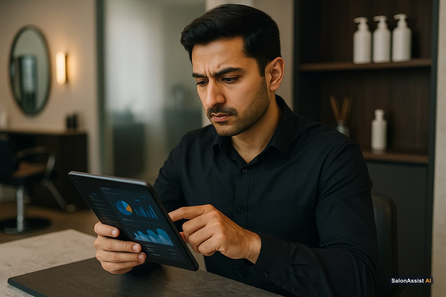 Salon owner studying a tablet displaying a performance dashboard with revenue, appointment stats, and commission details