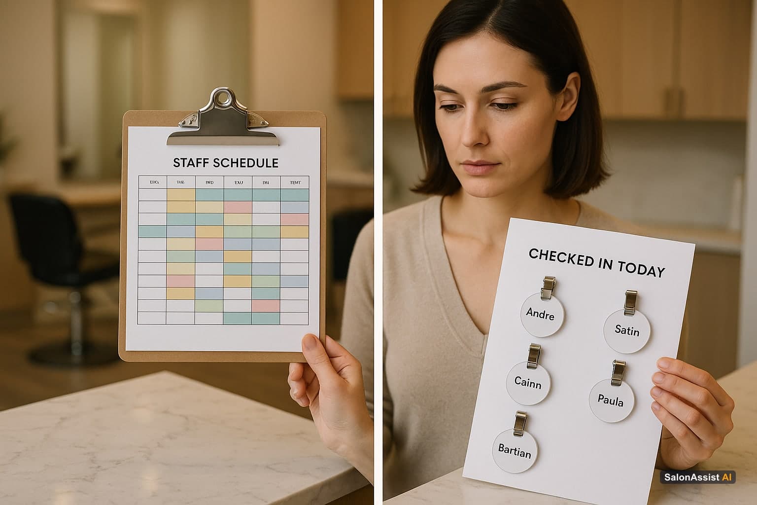Split-screen image contrasting a salon staff schedule calendar with a list of staff who have checked in for the day