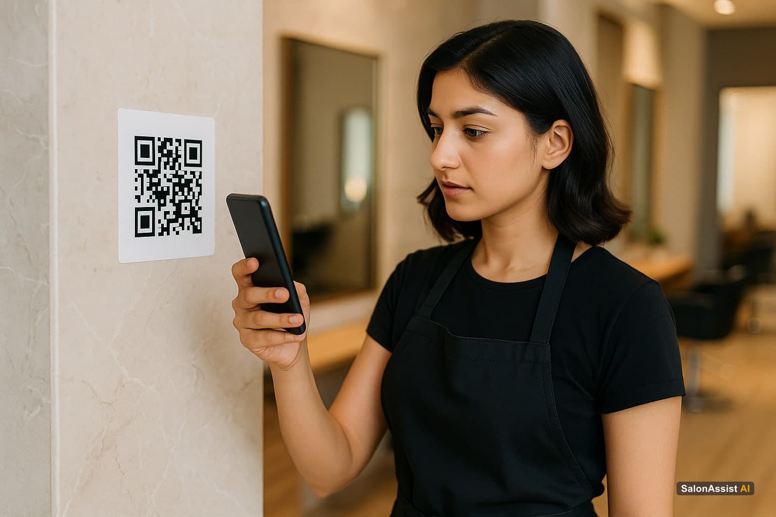 Salon stylist scanning a QR code posted on a salon wall using a smartphone inside the salon