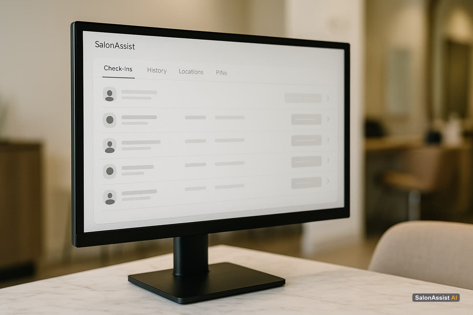 Close-up of a computer screen showing the SalonAssist AI Attendance portal dashboard with multiple tabs and attendance data