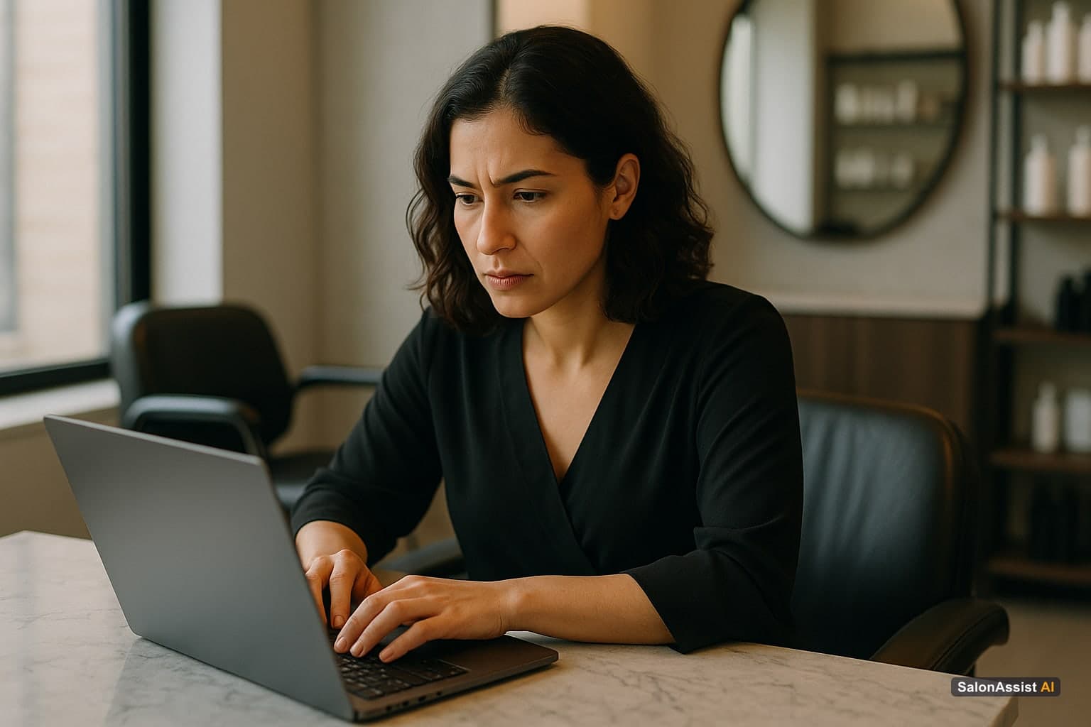 Salon suite operator analyzing tenant occupancy and lead pipelines on a laptop screen