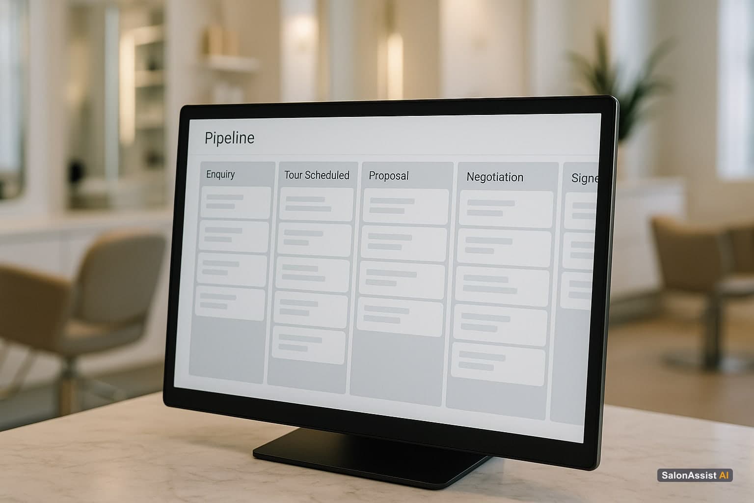 CRM pipeline board showing stages like enquiry, tour scheduled, proposal, negotiation, and signed