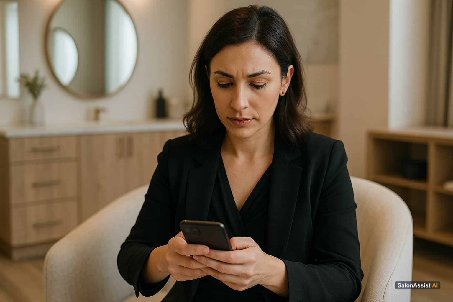 Salon suite operator composing a thoughtful follow-up message on a smartphone