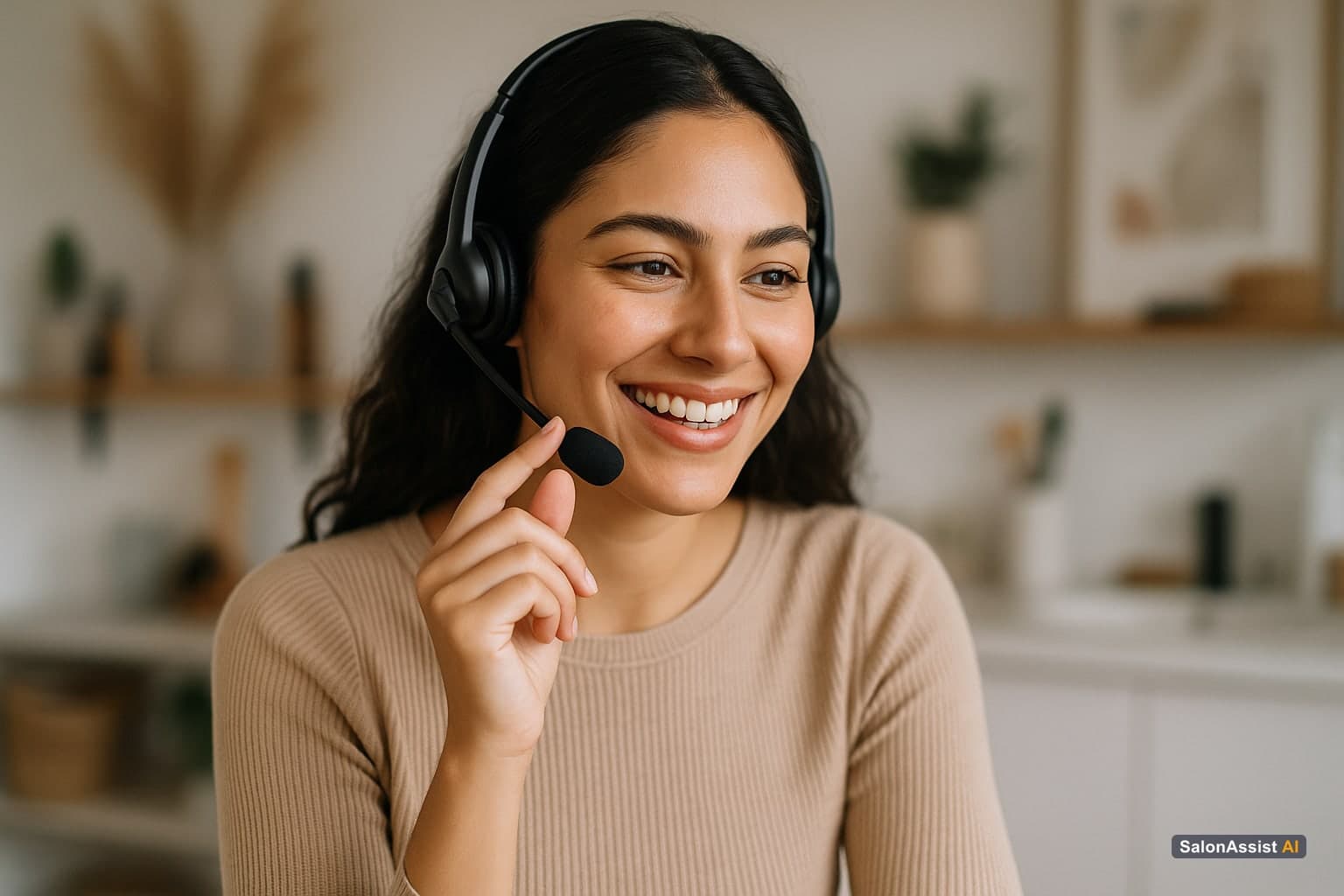 Remote salon virtual receptionist wearing headset and smiling during a phone call